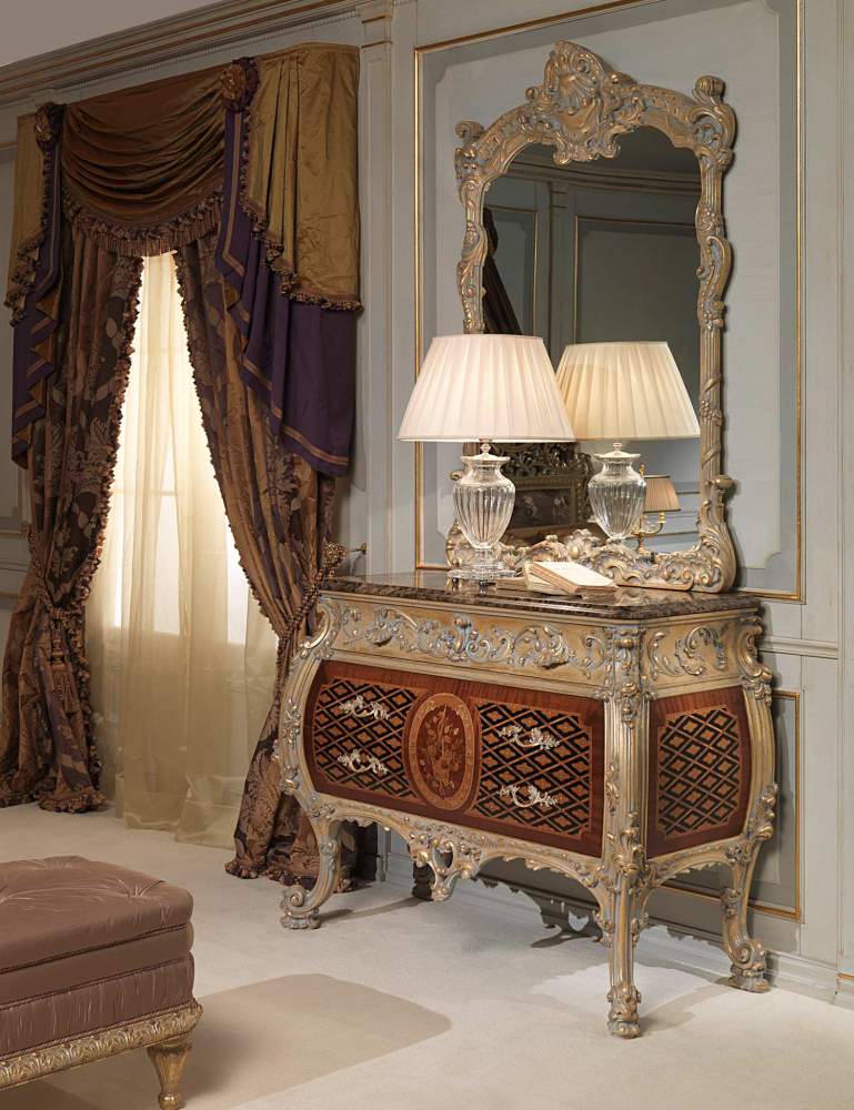 Classic Emperador Gold bedroom, carved chest of drawers