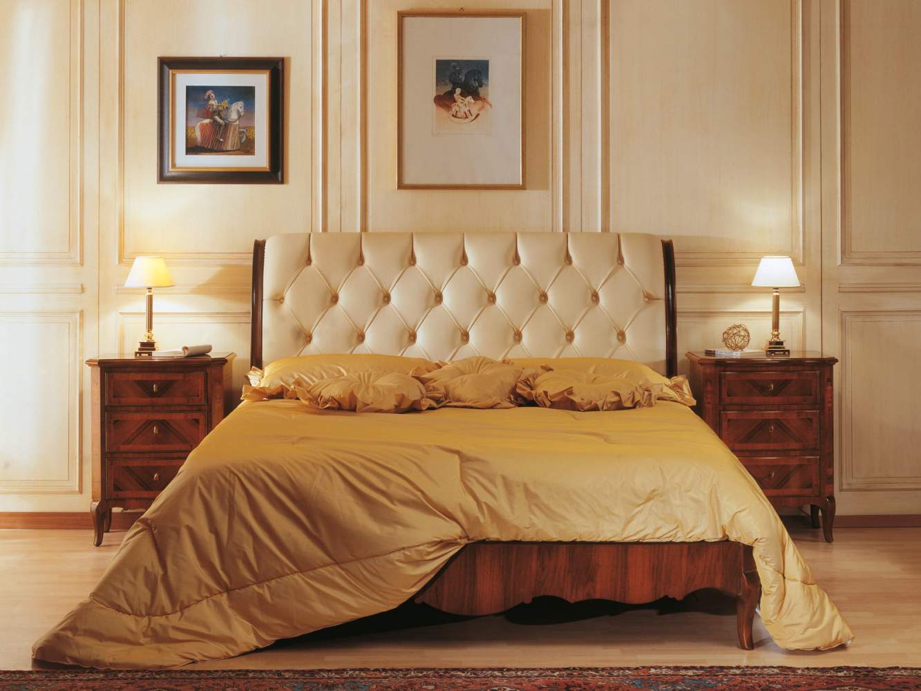 Classic luxury 19th century french bedroom, bed in capitonnè leather
