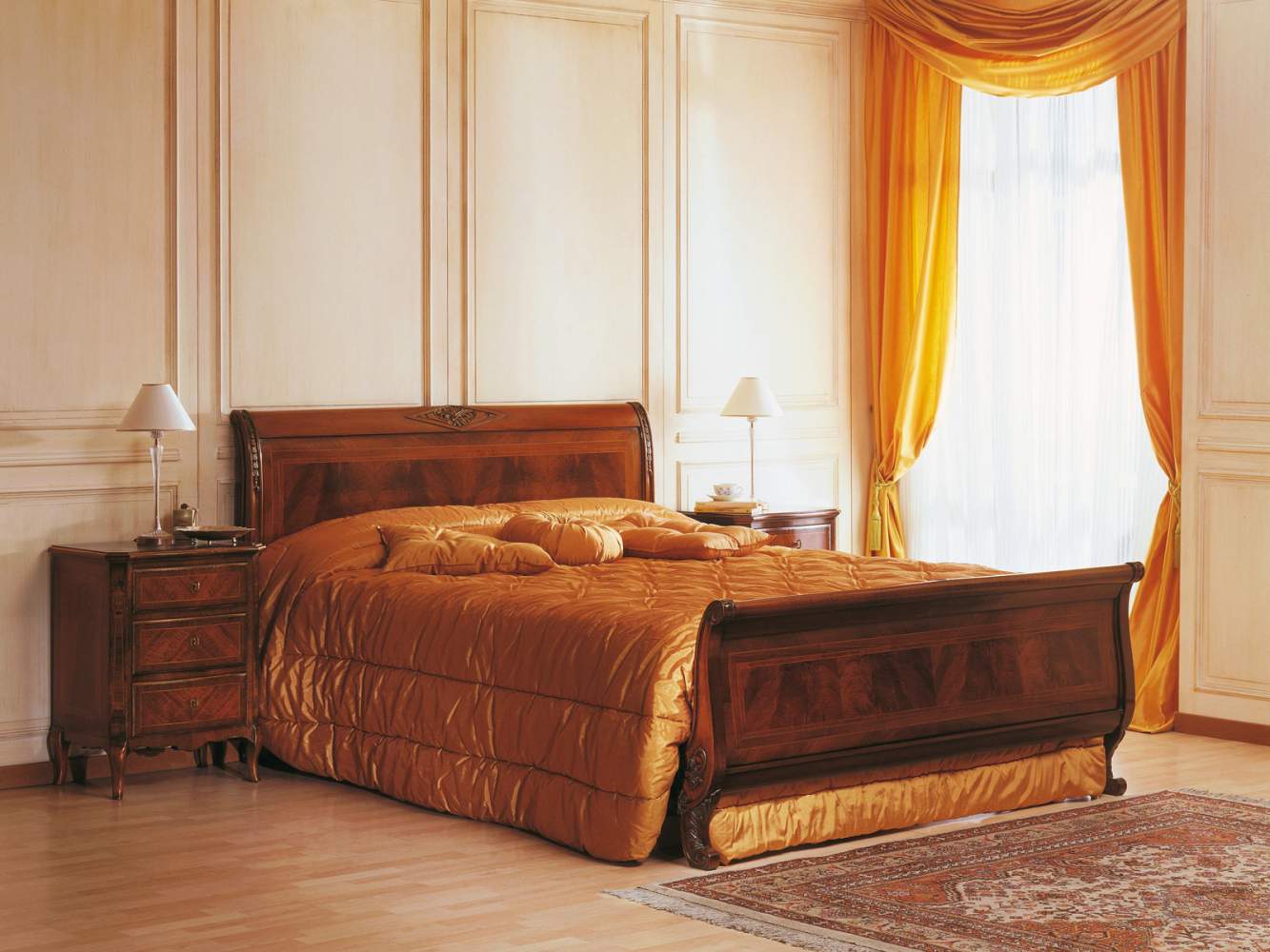 French style bedroom of the Nineteenth Century with bed and night tables inlaid walnut