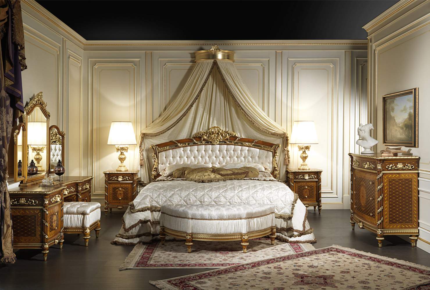 Walnut bedroom furniture Louis XVI Noce e Intarsi with bed, night tables, chest of drawers and toilette in walnut inlaid and carved