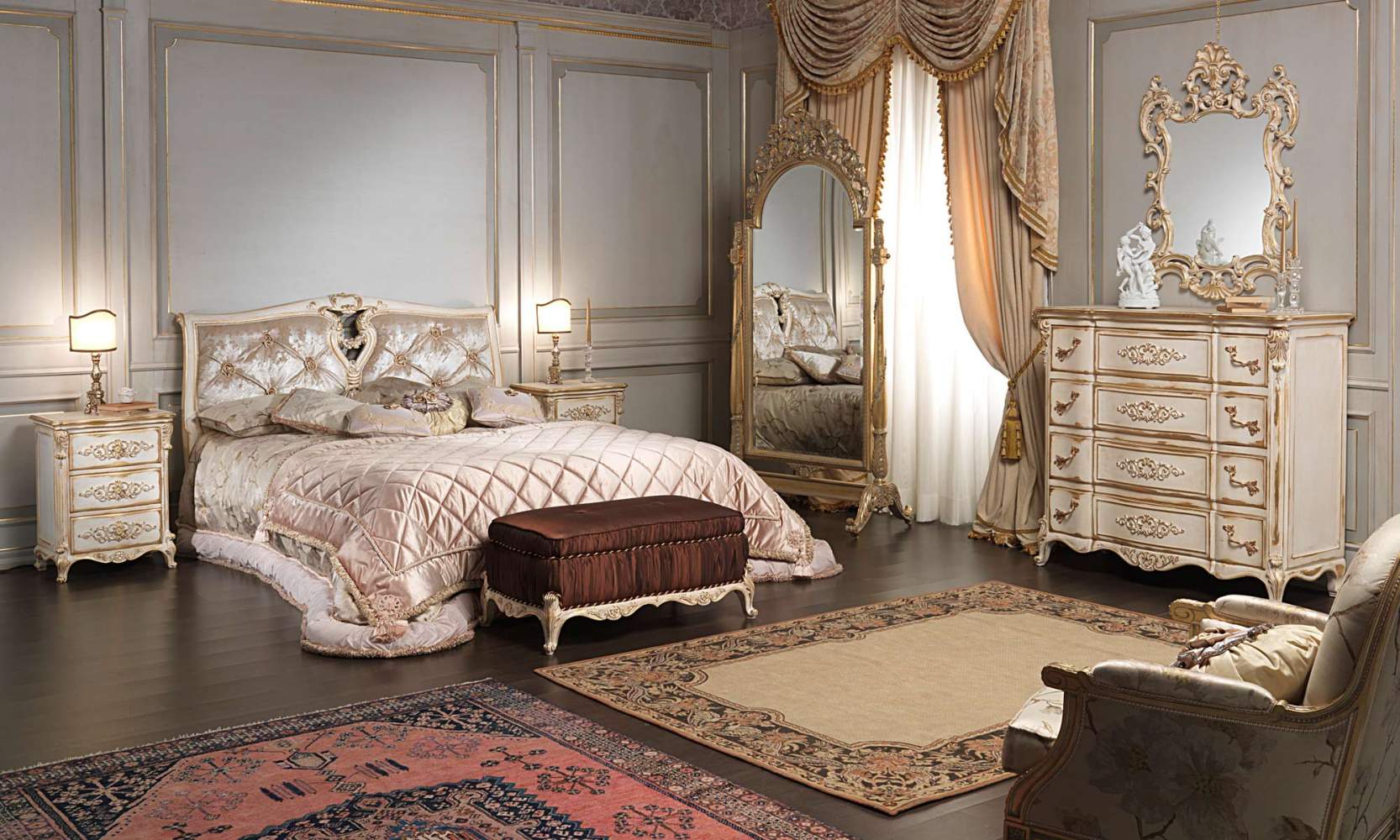 Furniture of bedroom Luigi XVI with capitonné headboard and carved furnishings, all in luxury classic style Luigi XVI