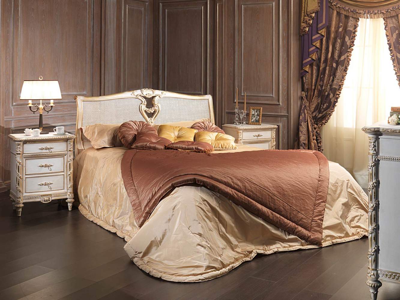Classic bedroom in indian cane, Luigi XVI style White and Gold